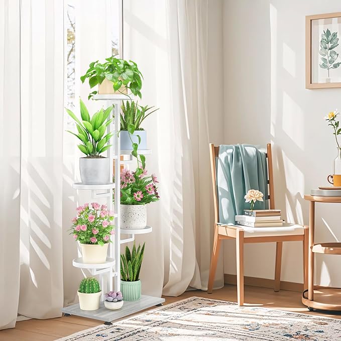 LASZOLA White 5 Tiered Plant Stand Indoors Heavy Duty Metal Rack, Sturdy Multi Level Shleving Hold Flowers, Larger House Decorate Ladder for Planting Inside Tree Herb Cactus, Wooden Base, Space Saving