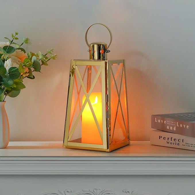 TRIROCKS Stainless Steel Decorative Lantern 12''H Metal Outdoor Candle Holder Hanging Candle Lantern with Tempered Glass for Christmas Home Wedding Living Room Parties Indoor Outdoor(Gold Trapezoid)