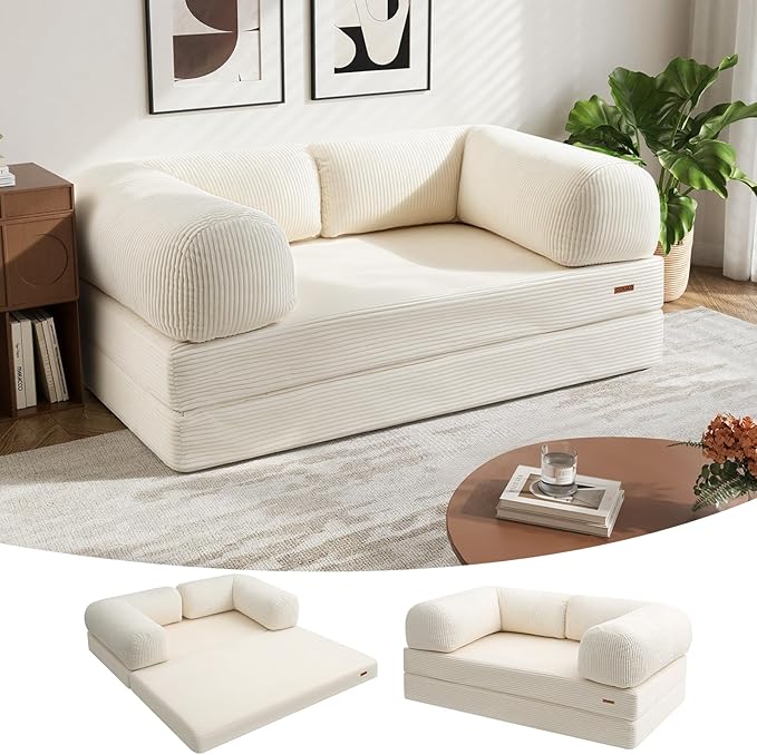 COMAX Folding Sofa Bed Queen, 4-in-1 Foldable Floor Couch Convertible Futon Sofa with Armrests Sleeper Mattress Chair Bed Comfy Portable Fold Out Lounge Guest for Living Room Bedroom, Beige