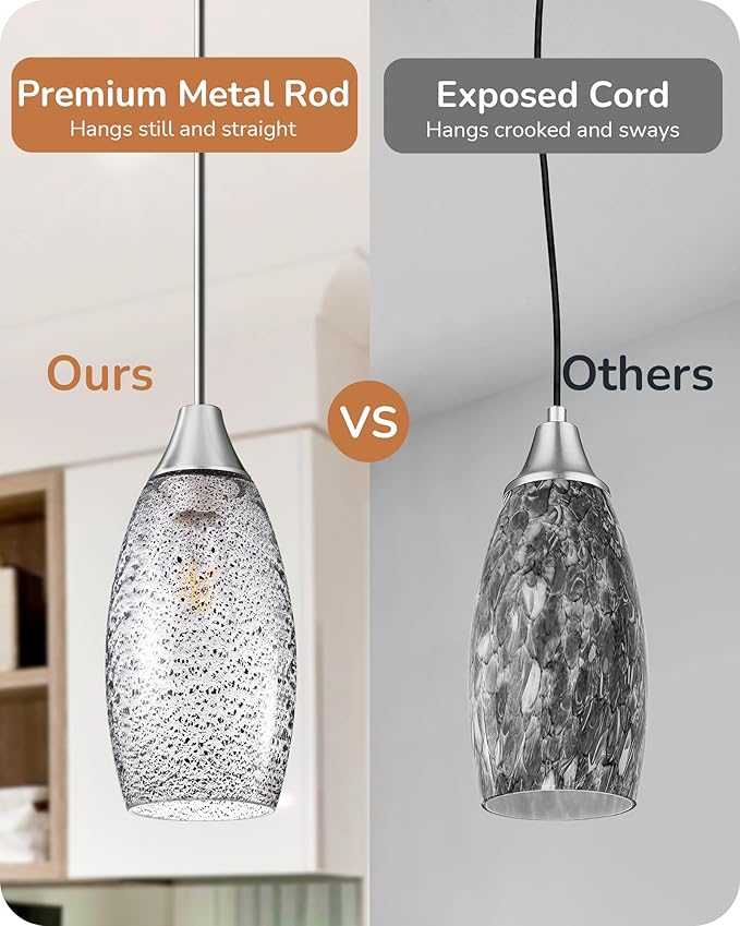 EDISHINE Pendant Light Fixture, Handcrafted Art Glass Hanging Light, Hardwired Ceiling Light with Grey Seed Glass Shade, Adjustable Brushed Nickel Rods, E26 Base, Pendant Lamp for Kitchen Bathroom Bar