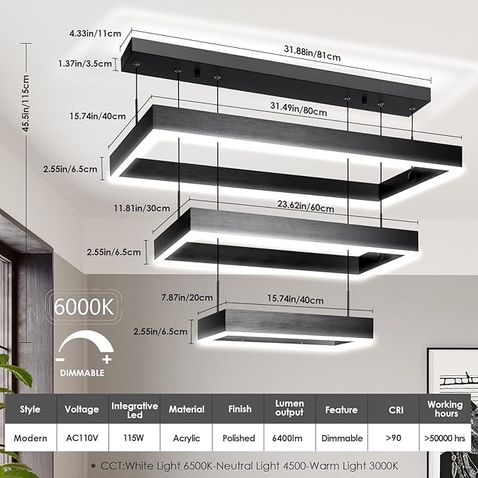 Modern 3 Rings Rectangle Chandelier for Living Room - Adjustable Height Luxury Foyer Lighting Fixture for High Ceiling, Hanging Dining Room LED Pendant Light