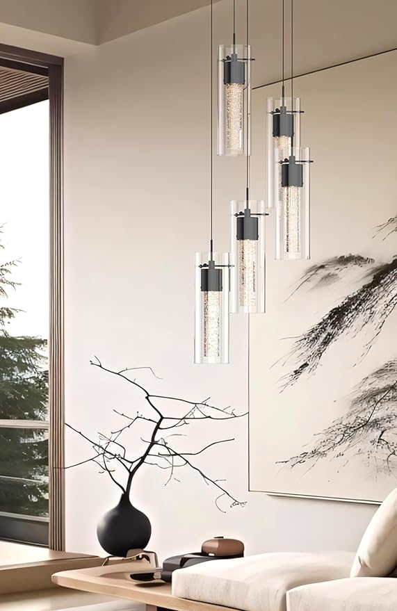 Alice 5-Light Chandelier Pendant Ceiling Light, Integrated Led and Bubble Glass, for Kitchen Island, Hallway, Entryway, Passway, Dining Room, Bedroom, Balcony Living Room (Black)
