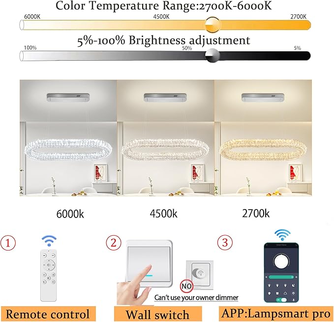 Oval Crystal Chandelier, 31.5'' Chrome Crystal Ring Pendant Light for Kitchen Island Modern Linear Oval Chandeliers for Dining Room Dimmable 3000K-6000K