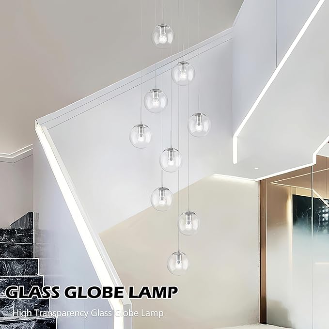 KoKo&Yukina 9-Light Globe Glass Pendant Light Adjustable Length Pendant Lights Fixtures Modern Nickel Clear Globe Glass Chandelier High Ceiling Lights Fixtures for Staircase (Bulb & Remote Incl.)
