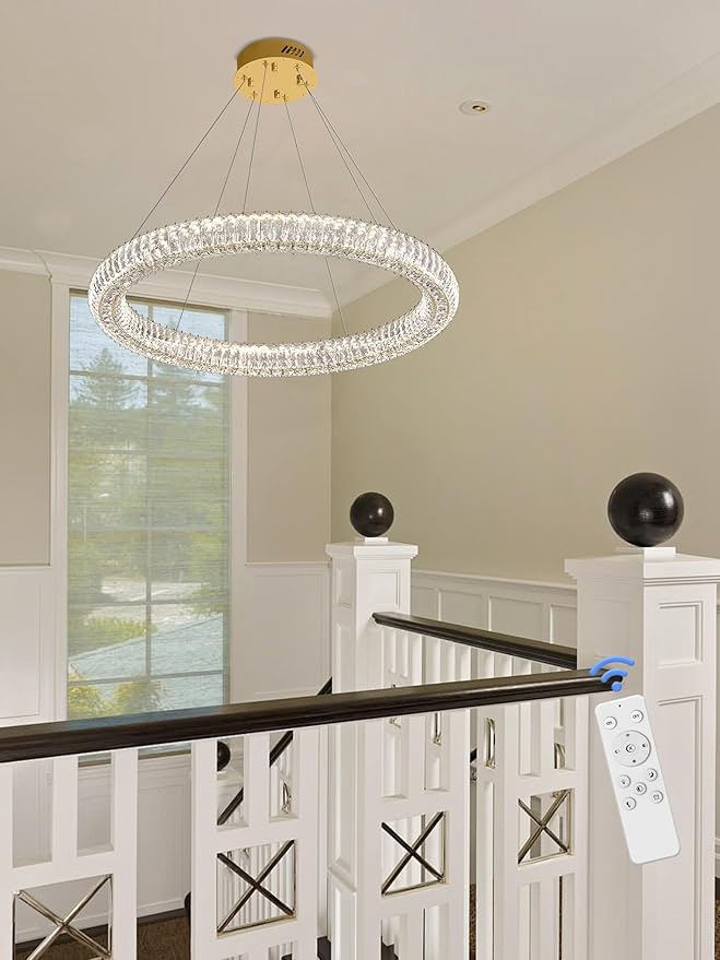 Modern Gold Round Crystal Chandelier Dimmable LED 31.5" Ring Pendant Light Ceiling Fixtures for Dining Room Living Room