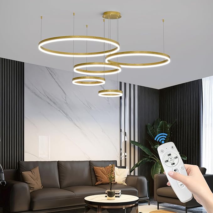 LED Pendant Light for Kitchen Island, 5-Ring Gold Modern Chandelier, Dimmable 3000K-6500K, Adjustable Height, Remote Control, Hanging Ceiling Lighting Fixture for Dining Room, Living Room Lamp