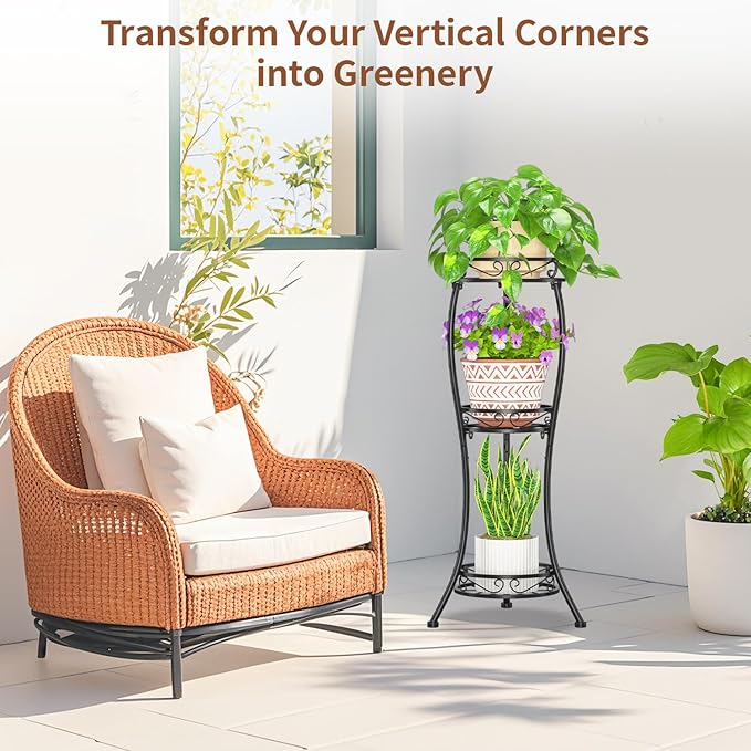 LASZOLA Black 3 Tier Tall Plant Stand for Indoor Outdoor, Large Multiple Level Flower Planter Holder Organizer Rack for Patio Office Bathroom Corner Floor, Sturdy Heavy Duty Metal, Vertical Display