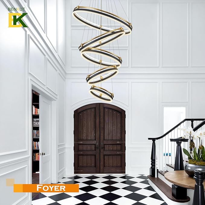 5-Rings Modern LED Chandelier Black Gold Dimmable Large High Ceiling Chandeliers Foyer, Remote Pendant Lighting for Foyer Entryway Dining Room Living Room Staircase(10-Ring Lighting, D29.5)