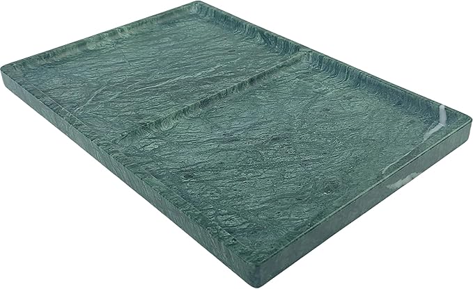 11.81"x7.87" Marble Decorative Tray with 2 Compartments – Catchall Organizer for Jewelry, Soap, Cosmetics – Polished Green Stone Vanity Tray for Bathroom, Dresser, Entryway, Office Decor