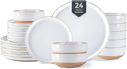 AmorArc 24 Pieces Ceramic Dinnerware Sets for 8, Handpainted Stoneware Plates and Bowls Set with Rustic Terracotta Underside, Scratch Resistant Dishes Set, Dishwasher & Microwave Safe, White