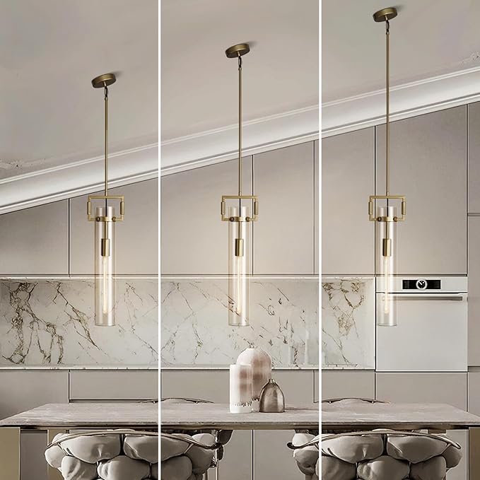 Modern Large Gold Pendant Light Fixture Set of 2-21.6 Inch Adjustable Hanging Chandelier with Glass Shade & Brass Finish, Farmhouse Island Lighting for Kitchen, Dining Room, Bathroom