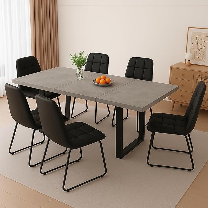 ZckyCine 67" Expandable Dining Table Set for 6, 7-Piece Modern Dining Room Table Set with Gray Wood Grain Finish and Upholstered Chairs, Extendable Kitchen Table with Black Metal Legs