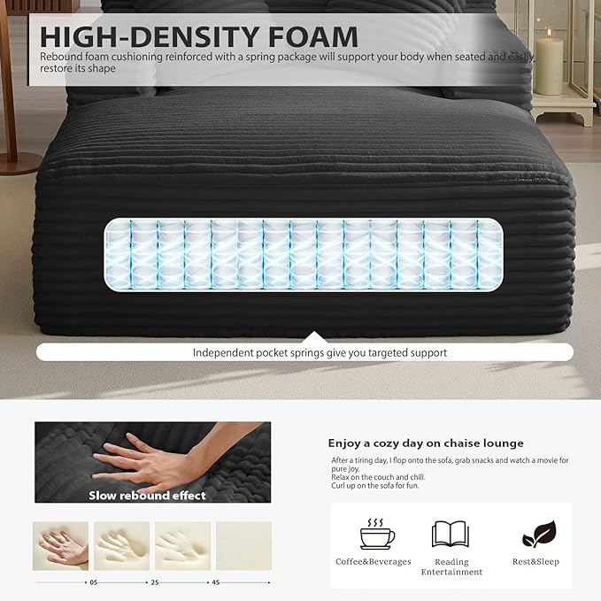 Oversized Chaise Lounge Chair Indoor, Boneless Reading Sleeper Chair Upholstered Corduroy Sofa Bed with Throw Pillows, Cozy Cloud Couch for Living Room, Bedroom, Apartment, Black
