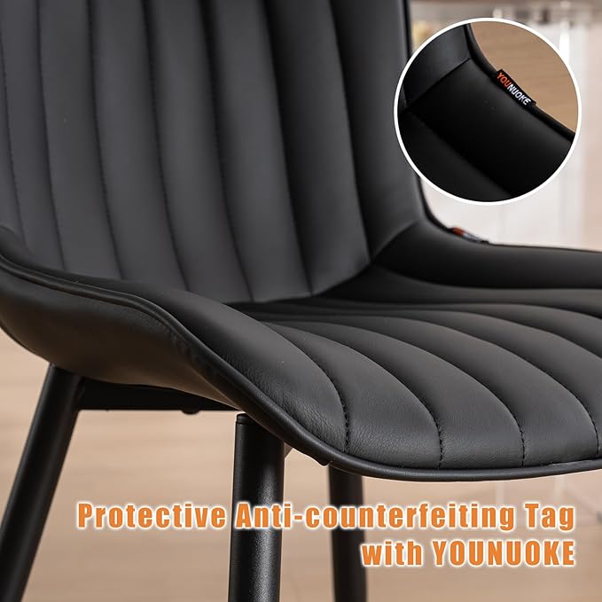 YOUNUOKE Black Dining Chairs Set of 2, Mid-Century Modern Faux Leather Upholstered Armless Kitchen Chairs, Metal Legs, 300 LBS Capability, Minimalist Accent Chair for Living Room