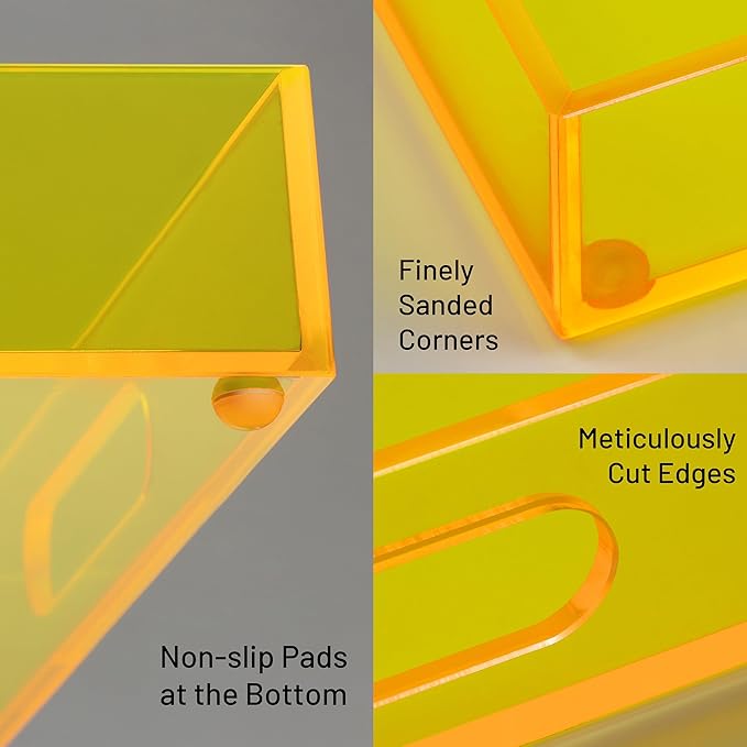 16"x12" Large Acrylic Serving Tray Decorative Ottoman Coffee Table Vanity Tray Tea Fruit Platter Snack Appetizer Dessert Drink with Handles for Bar Kitchen Party, Neon Yellow