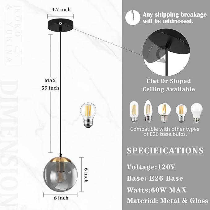 KoKo&Yukina 6 Inch Globe Pendant Light Gold Globe Pendant Lights Kitchen Island Mid Century Light Fixture with Grey Glass Shade for Dining Room (2 Pack)