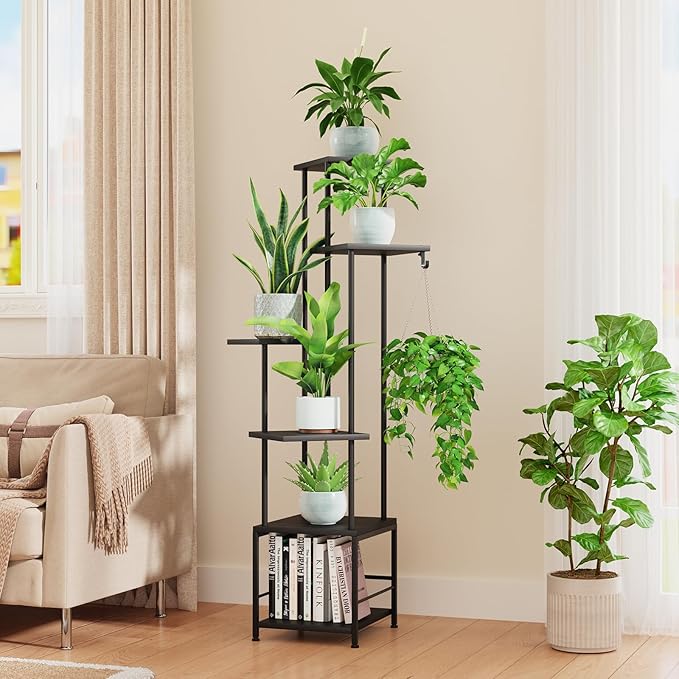 Plant Stand Indoor with Grow Light, 6-Tiered Tall Plant Stand Indoor, Metal Plant Shelf with Hanging Basket Hook and Adjustable Light, Ideal for Living Room, Garden, Patio, Black
