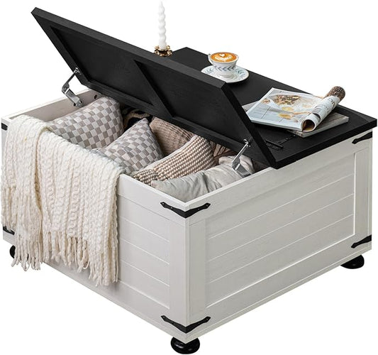 Farmhouse Coffee Table with Hidden Storage, Square Large Center Table for Living Room, Vintage Cocktail Tables with Flip-Top Lids, Farm House Tables with Wood Gourd Feet, Antique White & Black