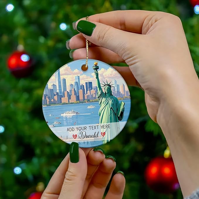 Personalized Statue of Liberty Ceramic Christmas Ornament 2025, New York US Xmas Ornament Gift for Mom Dad Family Friends Travellers, Custom Text/Name New York City Travel Souvenir Keepsake Ornaments