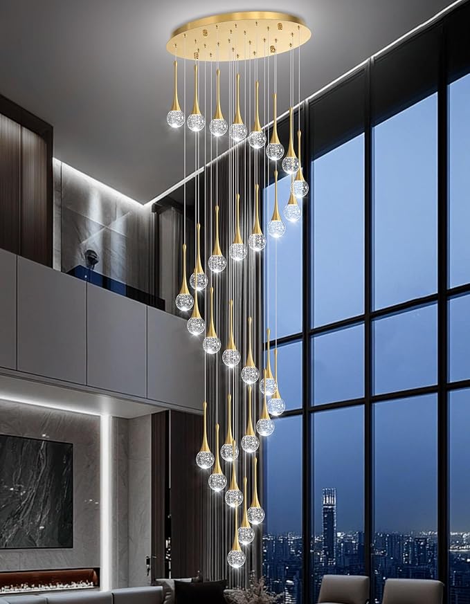 30 Light Modern Glam Crystal Chandelier for High Ceiling LED Dimmable Ceiling Pendant Light Staircase Foyer Enterway Living Room Chandelier Lighting Antique Gold