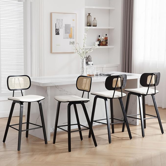 Counter Height Bar Stools Set of 4, 26" PU Leather Upholstered Rattan Barstools, Mid Century Modern Bar Chairs with Black Wood Legs, Armless Walnut Kitchen Island Dining Bar Chair, White