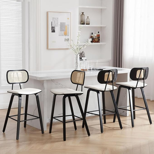Counter Height Bar Stools Set of 4, 26" PU Leather Upholstered Rattan Barstools, Mid Century Modern Bar Chairs with Black Wood Legs, Armless Walnut Kitchen Island Dining Bar Chair, White