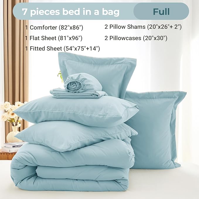 MUXHOMO 7 Pieces Full Comforter Set, Soft Bed in a Bag Full Size, All Season Bedding Set with Comforter, Flat Sheet, Fitted Sheet, Pillowcases & Shams, Lake Blue
