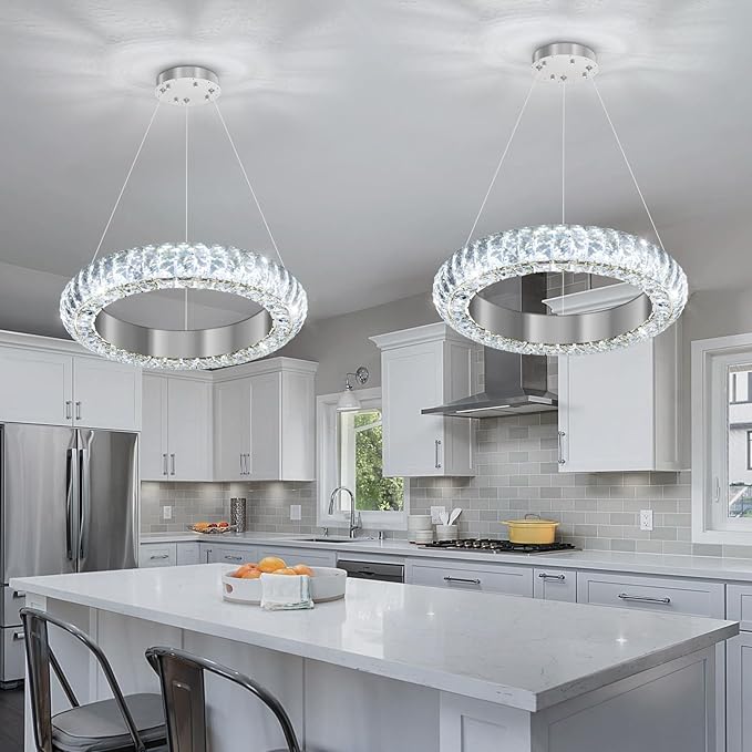 16" Ring Modern LED Dimmable Crystal Chandelier Adjustable Height Pendant Light Round Crystal Chandelier Light Fixtures for Dining Room Living Room Kitchen Island Silver
