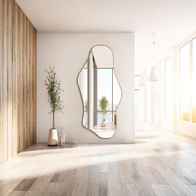 Irregular Mirror Full Length, 63.4"x29" Large Asymmetrical Mirror, Big Gold Floor Mirrors for Dressing, Modern Wavy Shaped Mirrors for Living Room Bathroom Bedroom Entryway