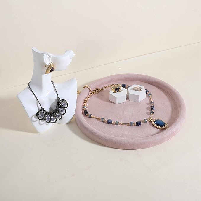 GemeShou Round Jewelry Organizer plate, Top Microfiber velvet Jewerly display tray, Empty Jewelry showcase tray for Necklace Bracelet Ring Earring display stand holder (Pink-Large, 9.8 x 9.8 in)