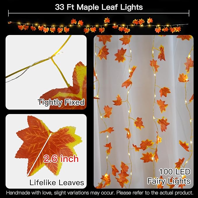 suddus Vine with Fairy Lights Battery Operated, 33ft 100 LED Maple Leaf String Lights with Remote, Dimmable Fall Garland with Lights for Bedroom Wall Indoor Outdoor Thanksgiving Decor (Warm White)