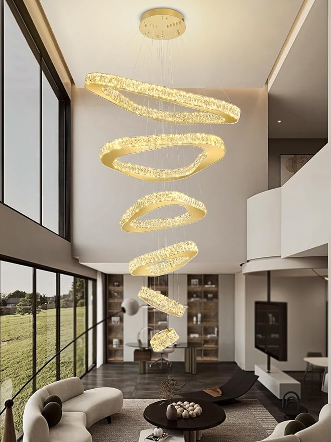 Modern Crystal Chandeliers for High Ceiling 6 Ring Chandelier LED Gold Ceilings Lights Fixtures High Ceiling Chandelier for Foyer Staircase Living Room Dining Room 2700K-6000K