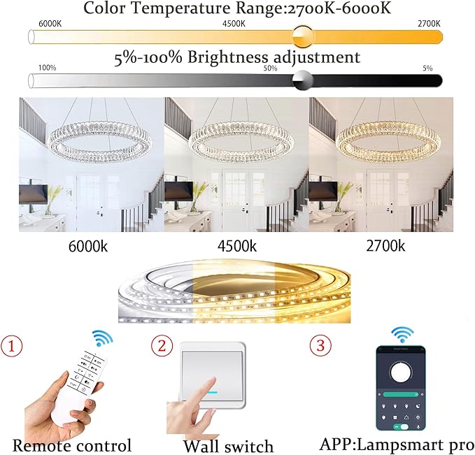 Modern Crystal Chandelier Dimmable LED 23.6" Ring Pendant Light Adjustable Round Chrome Crystal Chandelier Light Fixtures for Dining Room Living Room