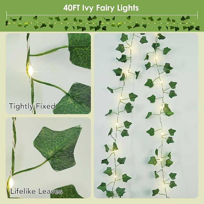 OMIKA 2 Pack 40FT 120LED Vine Fairy Lights Battery Operated, 8 Modes & Timer Ivy String Lights with Remote, Green Leaf Light for Indoor Bedroom Classroom Wall Garden Party Wedding Decor (Warm White)