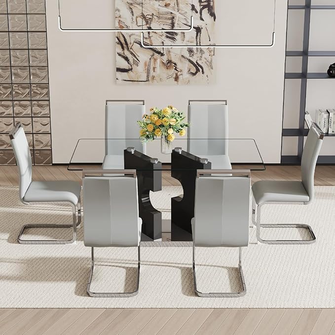 Glass Dining Room Table Set for 6,Dining Table Set for 6 with PU Leather Chairs,Retangular Dining Table with MDF Table Legs and Sliver Base for Dining Room