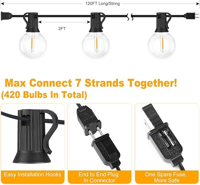 120FT Outdoor G40 LED Globe String Lights Dimmable Waterproof Shatterproof Light Strings with 60 Bulbs Connectable Commercial Hanging Lights for Christmas Patio House Backyard Balcony Party