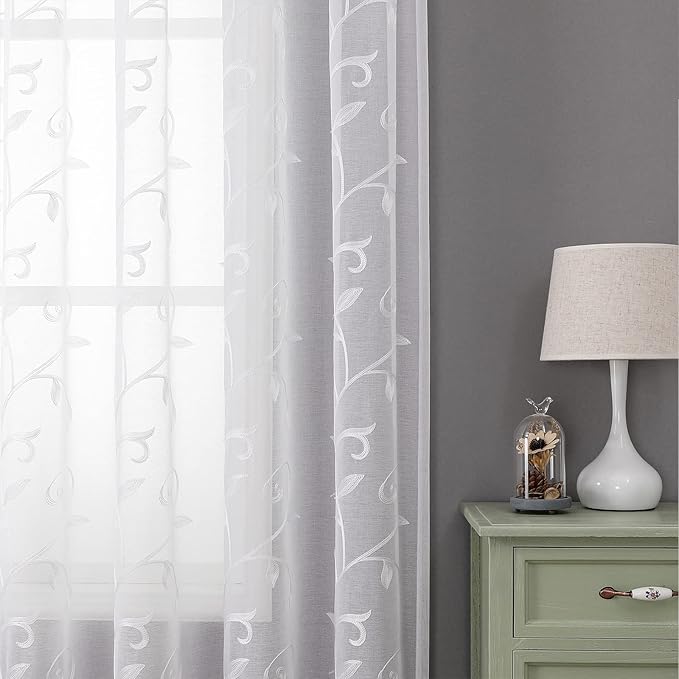 VISIONTEX White Leaves Sheer Voile Curtains, Decorative Embroidery Rod Pocket Window Drapes for Home Living Room and Bedroom 54 x 63 Inch, Set of 2 Curtain Panels