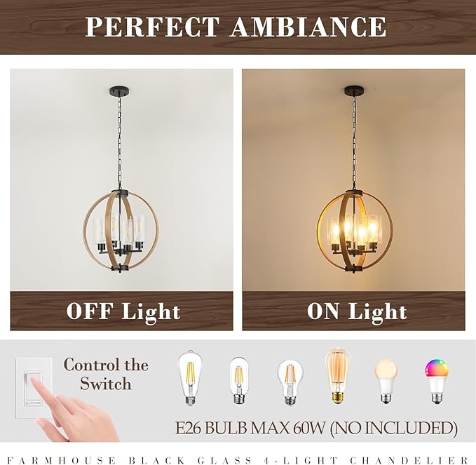 Farmhouse Chandelier Light Fixture, 18in Rustic Dining Room Chandeliers with Glass Shade 4-Light Globe Lighting Fixtures Retro Pendant Lamp for Kitchen Island Entrance Living Room