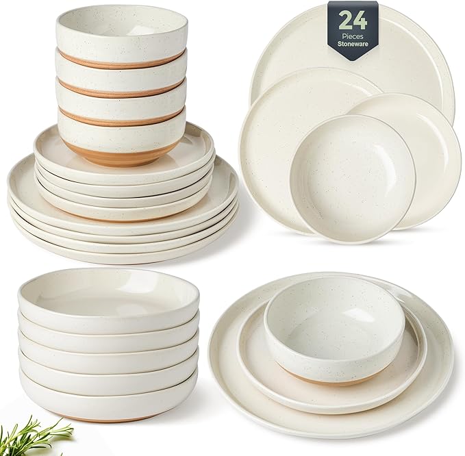 AmorArc 24 Pieces Ceramic Dinnerware Sets for 6, Handpainted Plates and Bowls Set with Rustic Terracotta Underside, Scratch Resistant Stoneware Dishes Set, Dishwasher & Microwave Safe, Light Beige