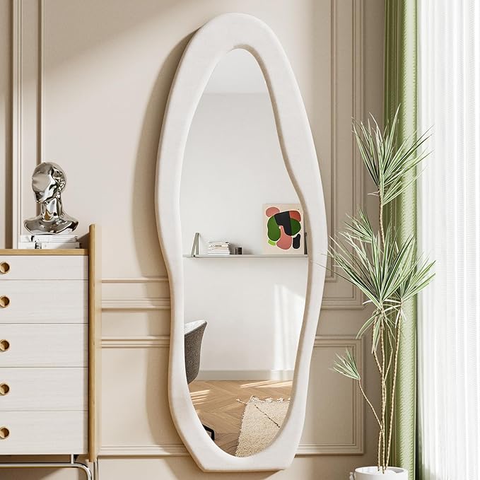Wavy Floor Mirror, Irregular Full Length Mirror, 63"x24" Full Length Standing Mirror, Flannel Frame Mirrors Floor Length, Hanging or Leaning Wall Mounted Mirrors for Bedroom, No Stand (White)