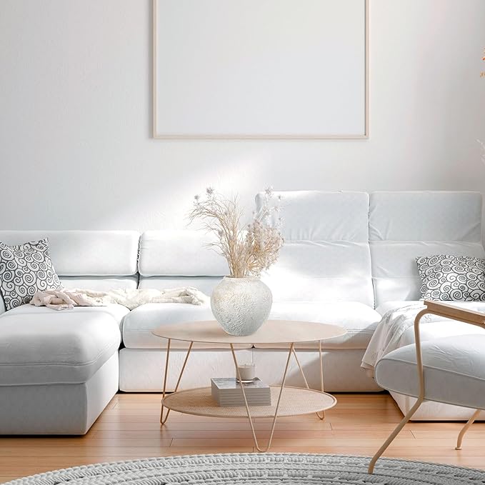 White Ceramic Decorative Flower Vase 8.27" x 8.66" Textured Round Rustic Pottery Vintage Large Vase for Home Decor Centerpieces Living Room Christmas Decoration