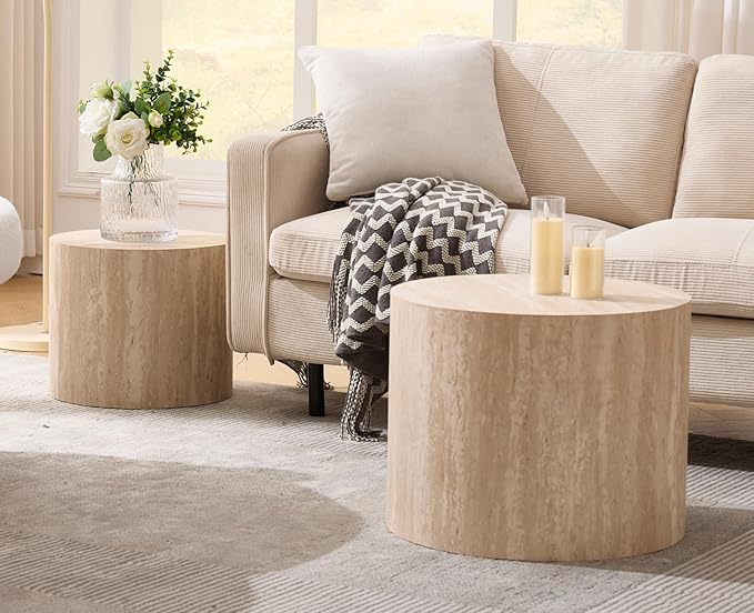 EALSON Nesting Coffee Table Set of 2 Modern Round Wood Coffee Table Circle Fluted End Tables Accent Tables for Small Space/Living Room/Bedroom, Travertine