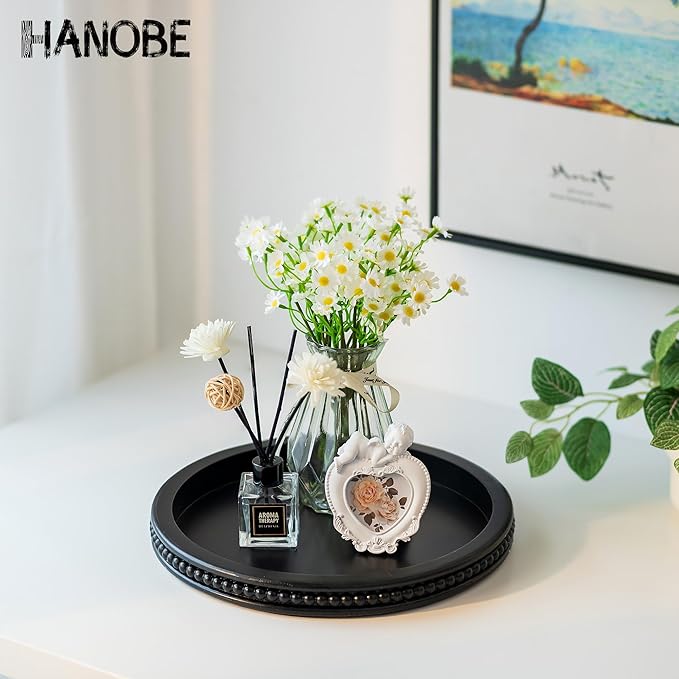 Hanobe Decorative Serving Tray Wood: Black Bead Round Tray for Coffee Table Rustic Wooden Trays Decor Farmhouse Kitchen Counter Circle Tray Vintage Centerpiece for Living Room Home Organizer