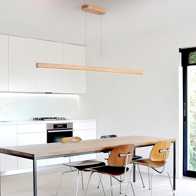 Wooden Linear Pendant Light 47" LED Pendant Light Dimmable Pool Table Island Lights Modern Linear Chandeliers for Dining Room Kitchen Ceiling Pendant Lamp for Dining Room Billiard Room Natural