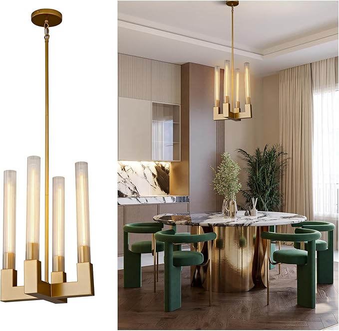 Glass Tube Gold Pendant Lights Kitchen Island, Adjustable Cord Modern Pendant Light Fixtures,Kitchen Pendant Lighting Over Island,Indoor Chandeliers for Bedroom, Included Bulb