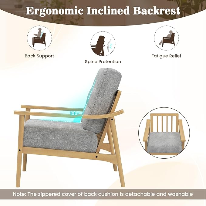 Giantex Mid Century Modern Accent Chair, Max Load 440 LBS Upholstered Living Room Chair with Rubber Wood Armrests & Legs, Removable Back Cushion, Comfy Reading Arm Chair for Living Room, Bedroom