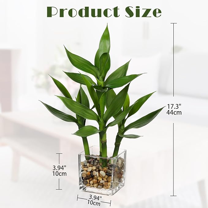 Artificial Lucky Bamboo Plant 17.3 Fake Plant in Rectangular Glass Pot for Centerpiece Table Decorations Farmhouse Wedding Home Greenery Decor