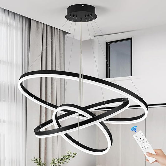D31.5 3 Rings Modern LED Chandelier Black Dimmable LED Pendant Light with Remote Control Circular Flush Mount High Ceiling Light for Dining Room Living Room Bedroom Foyer(3000K-6500K, H71)