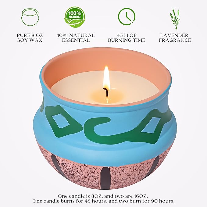 Lavender Candles, Scented Candles Gift Set for Women,Candles for Home Scented，Natural Soy Wax, Artisanal Pottery Jar,Set 2 Pack, Total 16oz, 90 Hours of Burn, One Silk Scarf