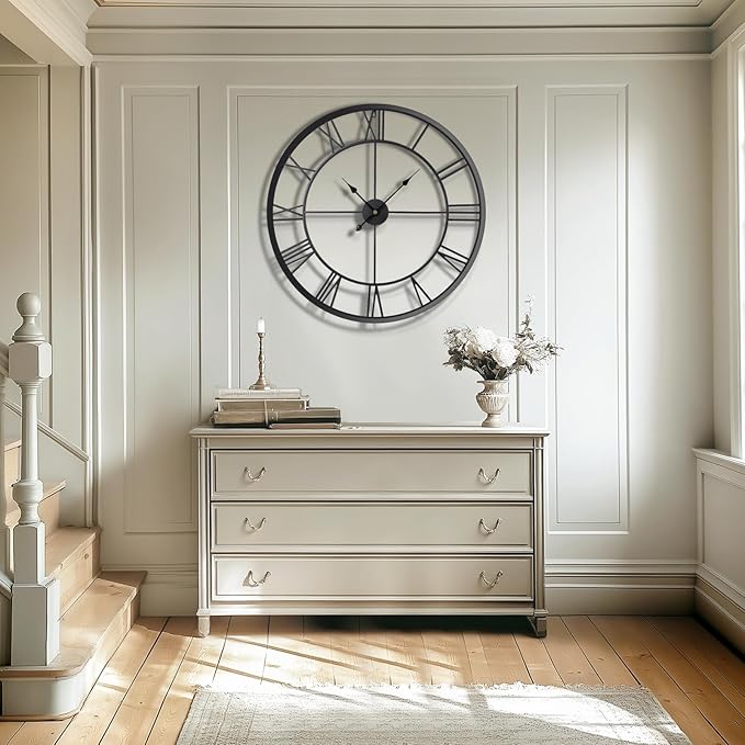 Tatub 32 Inch Large Wall Clock for Living Room Decor, Roman Numeral Modern Round Decorative Metal Large Wall Clock for Bedroom and Kitchen, Silent, Non Ticking, Battery Operated